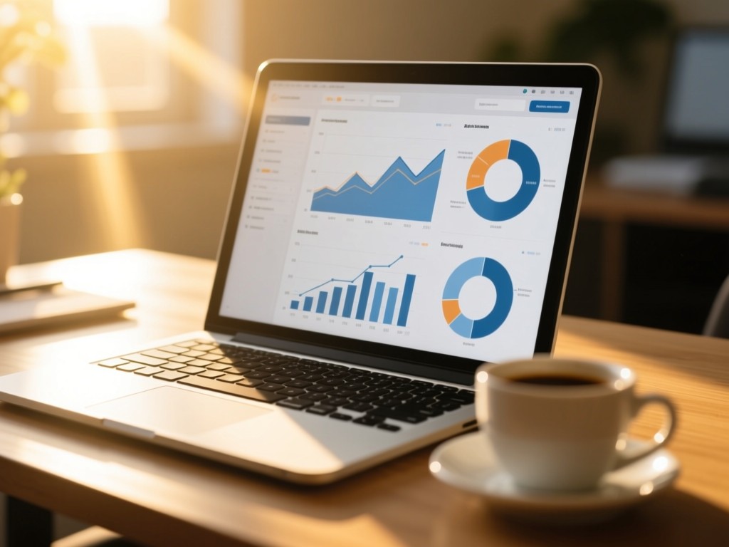 A laptop showing clean analytics charts on a desk. Sun rays spotlight the screen while a coffee cup sits blurred in the foreground. Soft golden tones. No people.