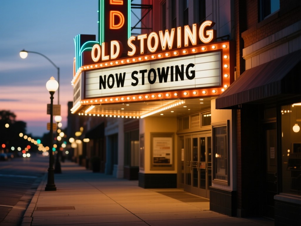 Old cinema marquee at dusk with 'Now Showing' lit in warm bulbs, empty sidewalk, shallow focus on glowing letters, bokeh streetlights in background, nostalgic atmosphere.