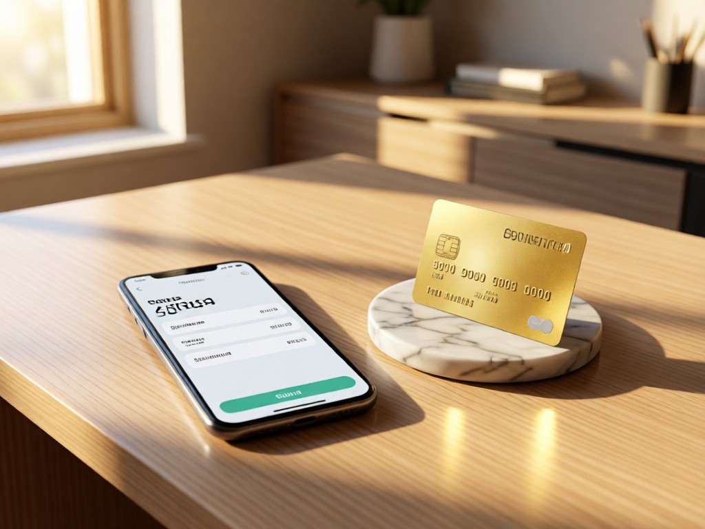 Minimalist desk setup with a smartphone displaying a clean payment interface. A gold credit card leans against a marble coaster. Soft afternoon light creates warm reflections. No people.