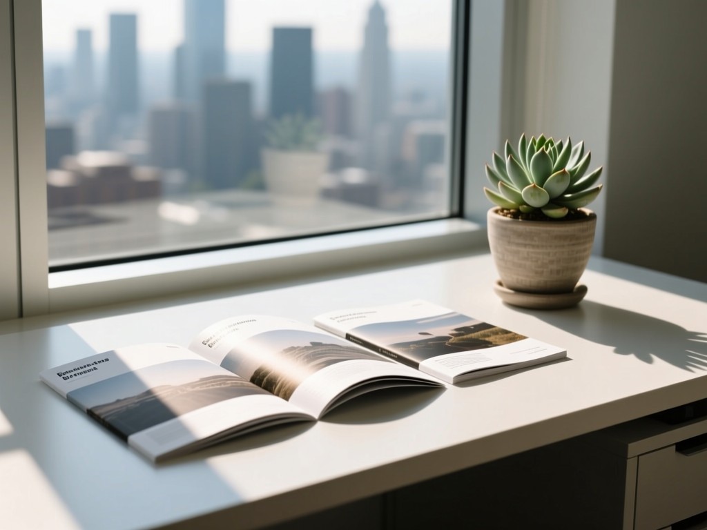 Minimalist desk with three program brochures fanned out. Soft sunlight highlights texture. A potted succulent adds life. Blurred cityscape outside window. No people.