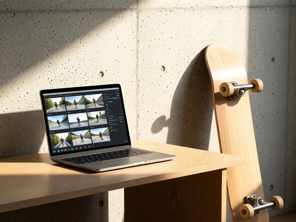 A minimalist desk with a laptop displaying a clean video grid of skate clips. Beside it, a skateboard leans against a sunlit concrete wall. Focus on technology and skate culture blending naturally. No people.