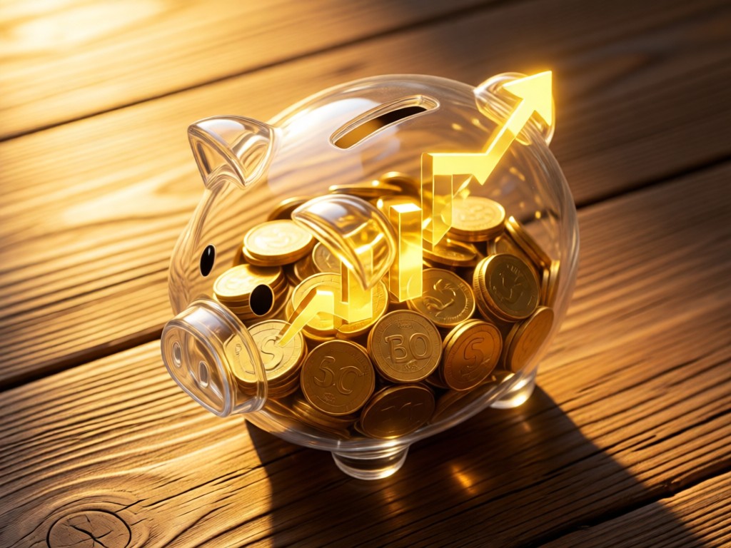 Aerial view of transparent piggy bank on wood with coins inside. Golden light creates financial growth symbolism. No people.