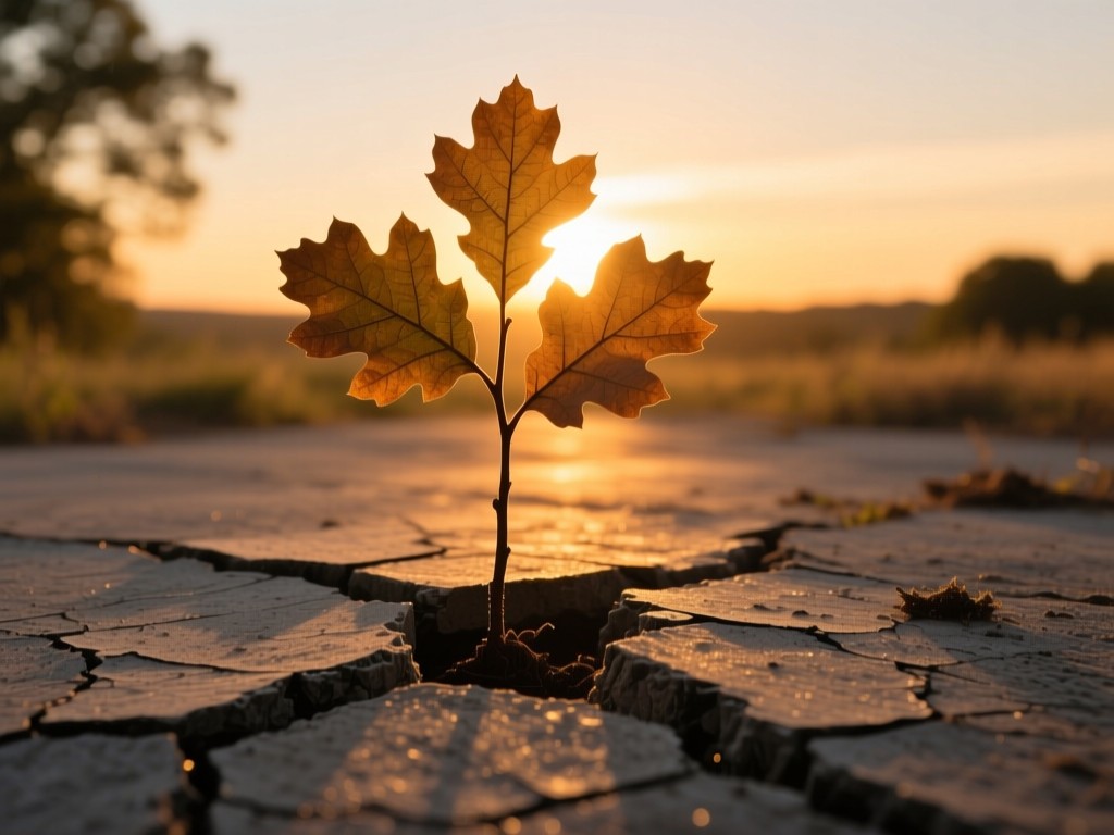A single oak sapling growing through cracked concrete at golden hour, symbolizing resilience and growth, warm sunset backlight, deep shadows, natural color contrast.