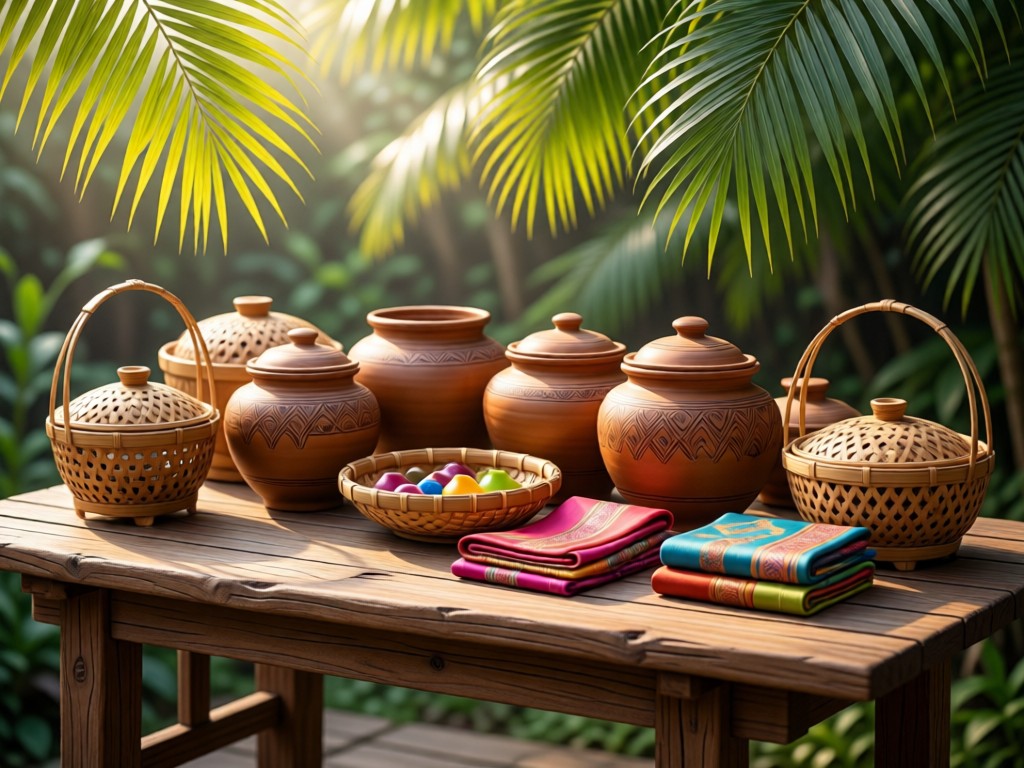 A curated arrangement of Laotian handicrafts: ceramic jars, bamboo baskets, and silk textiles on a rustic wooden table. Soft morning light filters through palm leaves. No people.