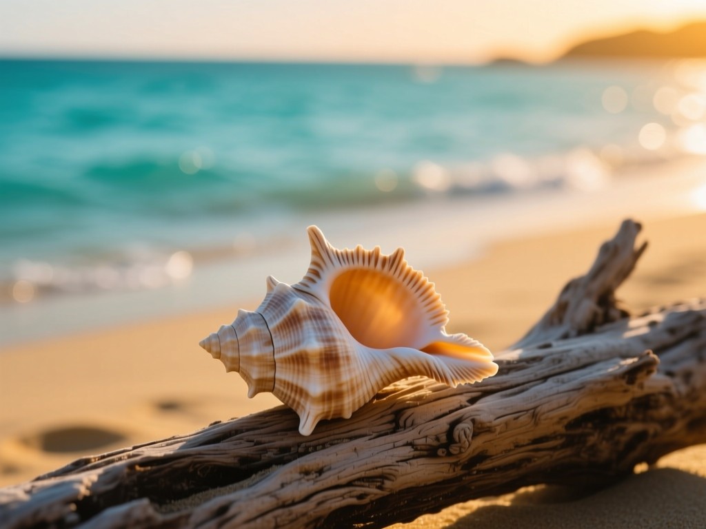 A seashell on driftwood with a blurred seascape background. Turquoise water and golden sand under warm sunset light. Textured natural elements. No people.