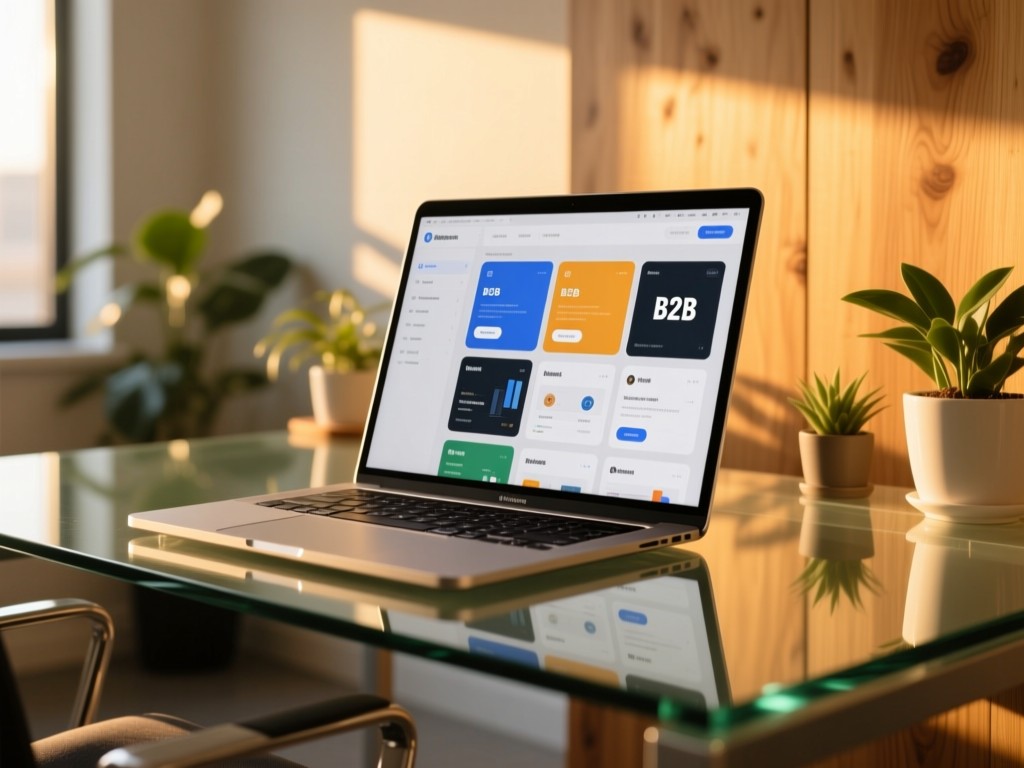 A sleek laptop on a glass desk at golden hour, screen showing organized B2B content tiles, warm sunlight highlighting minimalist office plants, shallow depth of field, natural wood textures.
