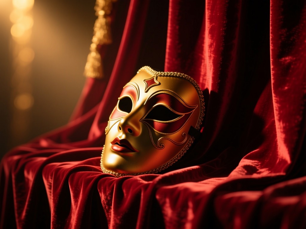 A lone dramatic mask resting on a velvet curtain during golden hour, spotlight creating deep shadows, symbolizing theatrical presence, rich crimson and gold tones, no people.