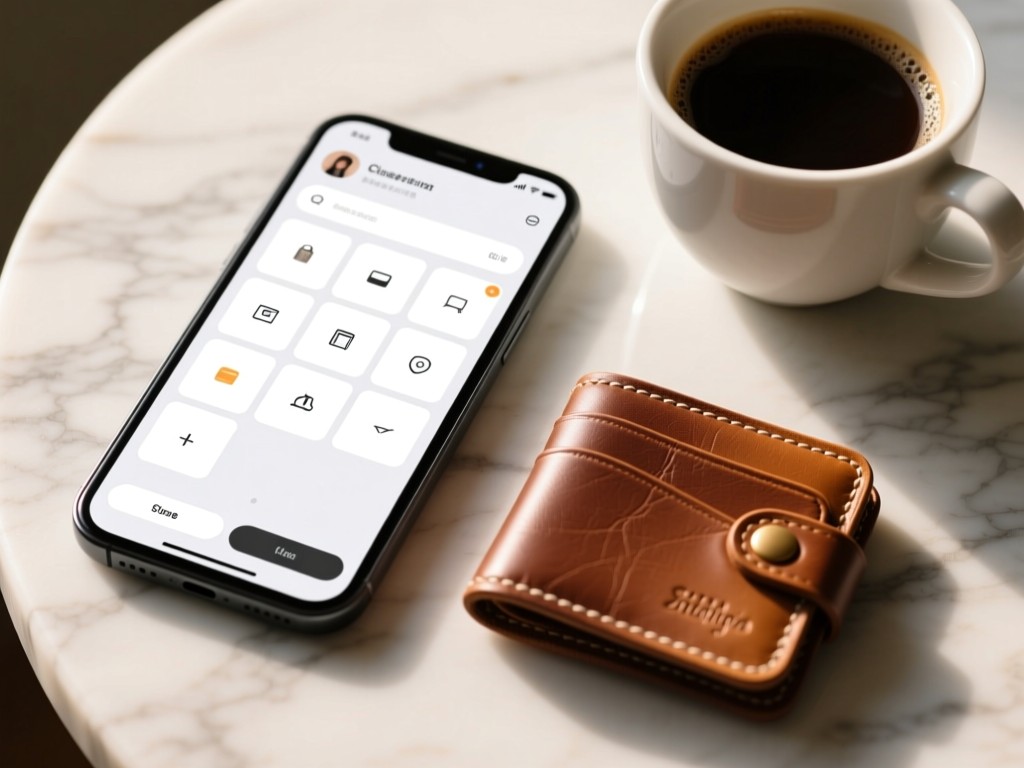 Close-up of a smartphone showing a clean product grid interface. Beside it, a handcrafted leather wallet and coffee cup sit on a marble surface. Soft natural lighting.