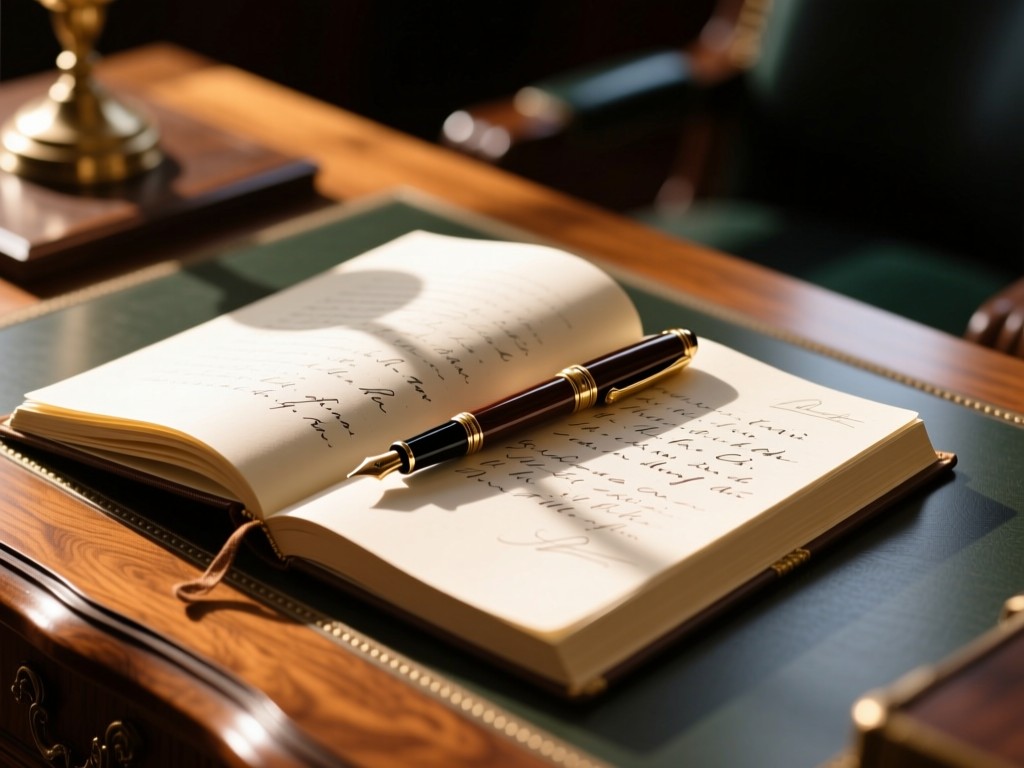 An elegant desk with a fountain pen resting on an open journal. Sunlight illuminates handwritten notes. Warm oak textures with shallow depth of field. No people.