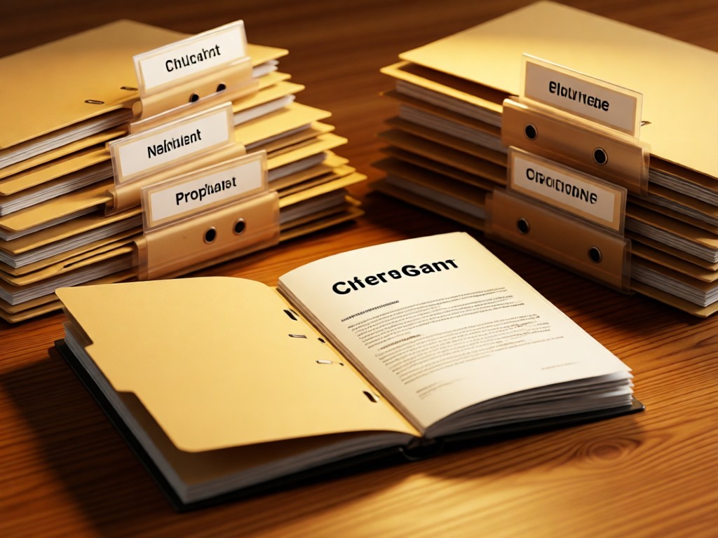 Neatly stacked folders with procurement tags in golden light. Selective focus on a single open contract. Warm wood background with soft shadows. Organized, professional, no people.