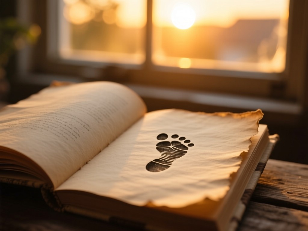 An open baby book with a tiny footprint stamp on weathered paper during sunset. Golden light through window, soft focus on texture, warm nostalgic atmosphere, no text visible.