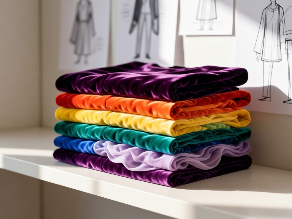 A neatly folded stack of rainbow-hued garments on a minimalist shelf. Soft daylight highlights fabric textures from velvet to chiffon. Blurred background shows design sketches. No people.
