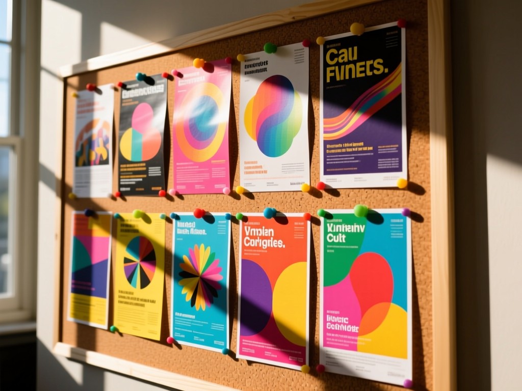 A collage of vibrant event flyers pinned neatly on a corkboard. Sunlight streams through nearby windows, casting playful shadows. Focus on colorful designs and textures. No people.
