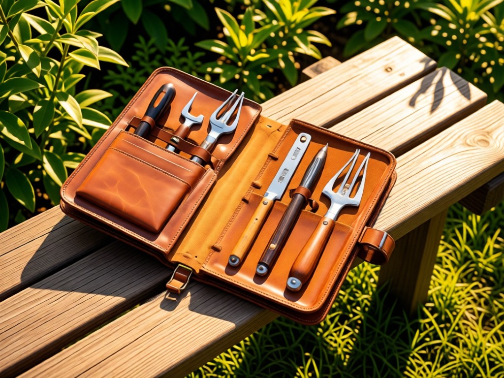 Aerial view of a single open leather portfolio case on a wooden bench in a sunlit garden. Inside, neatly arranged tools represent different creative disciplines. Symbolizes organization and ready potential. No people.