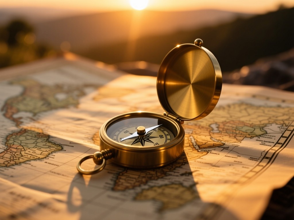 A vintage map with a brass compass placed on it during sunset, warm light casting long shadows, shallow focus, golden tones, no text visible.