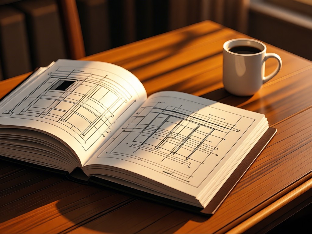 A stack of HVAC technical manuals beside a coffee mug on a wooden desk. Golden hour light highlights open pages with diagrams. Professional yet approachable. No people.