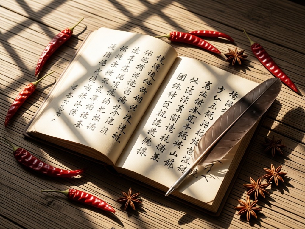 Open handwritten recipe book on weathered wood, surrounded by dried chili peppers and star anise. Feather quill pen lies across parchment with Chinese calligraphy. Soft shadows from window grids create geometric patterns.