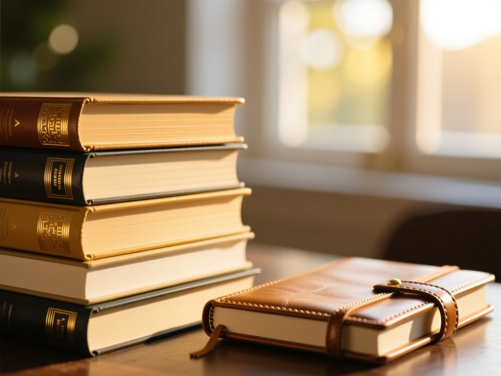 A neat stack of hardcover books beside a leather-bound notebook. Golden light highlights the textured paper edges. Soft bokeh background with a sunlit window. No people.