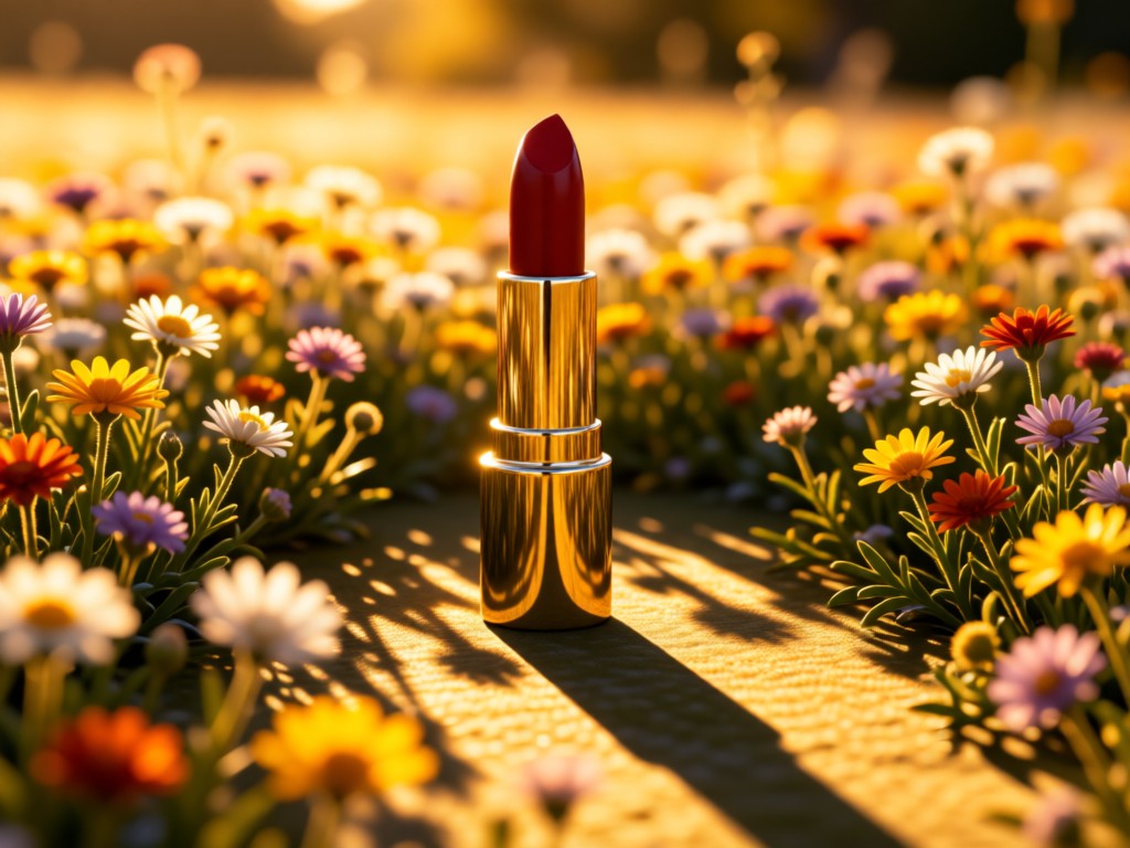 A single luxe lipstick tube standing upright in a field of wildflowers at golden hour. Sunlight creates long shadows. Symbolizes focus and standout beauty talent. No people.