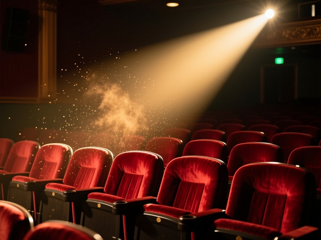 A spotlight beam on an empty theater seat during golden hour, dust particles visible in light, rich red velvet upholstery, dramatic shadows, cinematic atmosphere, no text.