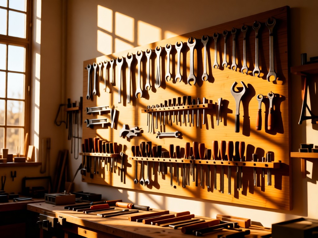 Neatly organized tool wall in a workshop with shadow outlines for each tool. Warm sunlight streams through high windows creating geometric patterns. Focus on order and precision. No people.