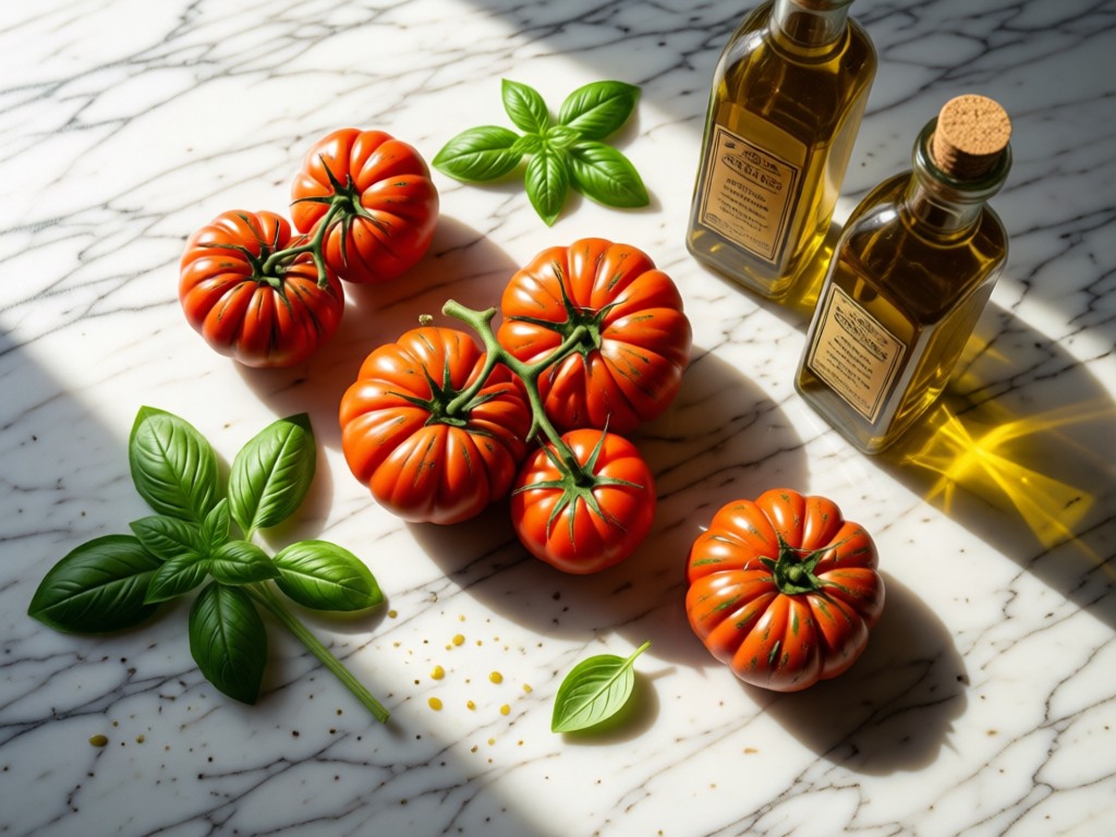 Overhead shot of a marble surface with artfully arranged heirloom tomatoes, fresh basil, and olive oil bottles. Sunlight creates soft shadows and highlights textures. No people.