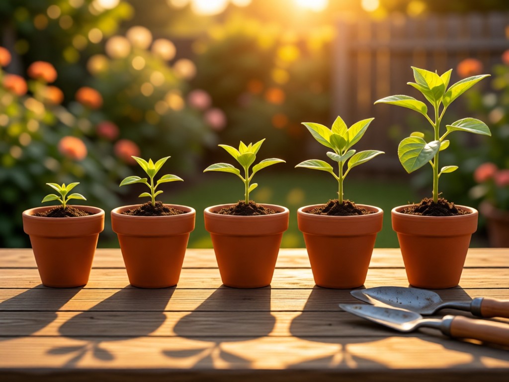 Time-lapse style arrangement of five terracotta pots showing a plant's growth stages. Soft focus background with gardening tools. Golden hour lighting creates warm shadows.