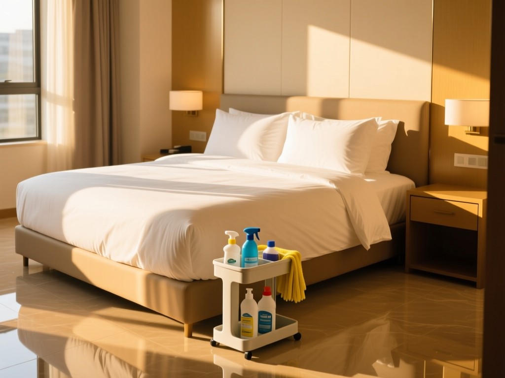 A perfectly made bed with crisp linens in a sunlit bedroom. Cleaning supplies sit ready in a caddy on polished floors. Golden light creates warmth and spotless perfection. No people.