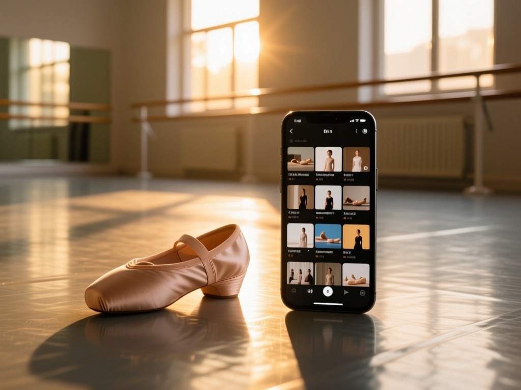 A ballet shoe and smartphone on a polished dance studio floor during golden hour, phone screen showing organized video thumbnails, warm sunlight streaming through windows, soft shadows, minimalist composition, no people.