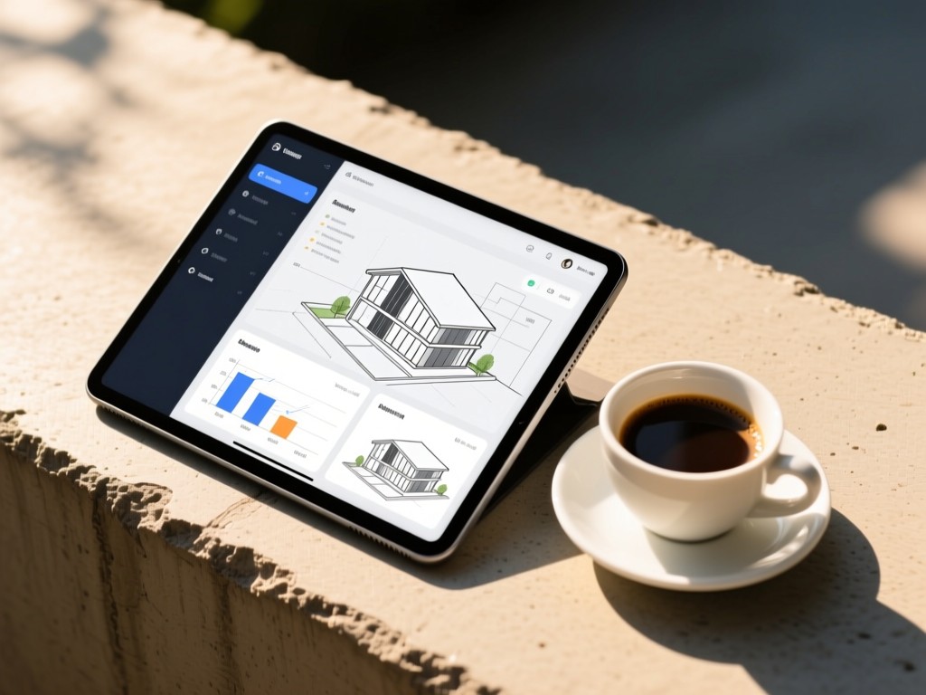 A sleek tablet displaying an architectural dashboard next to a coffee cup on a concrete surface. Sunlight reflects off the screen showing building diagrams. Warm minimalist aesthetic.