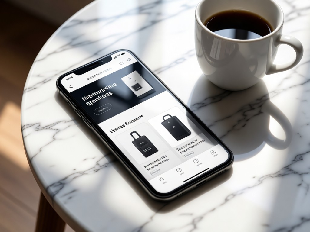 A smartphone displaying a sleek product page, resting on a marble surface beside a coffee cup. Natural light creates soft reflections. No people.