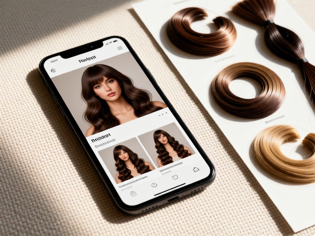 A smartphone displaying a wig portfolio website next to hair extension samples. Soft daylight on a textured fabric surface. Focus on the screen content and hair textures. No people.