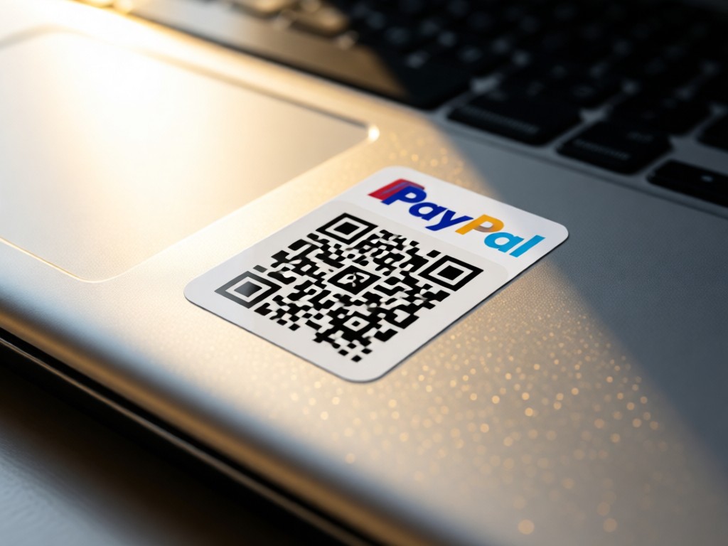 Close-up of a PayPal QR code sticker on a sleek laptop lid. Morning light reflects off metallic surfaces. Shallow depth of field. No people.