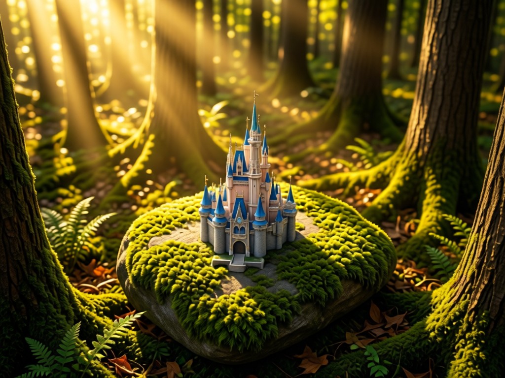 Overhead shot of a single Cinderella castle ornament centered on mossy stone in a sun-dappled forest. Golden light filters through trees, symbolizing magic and discovery. No people.