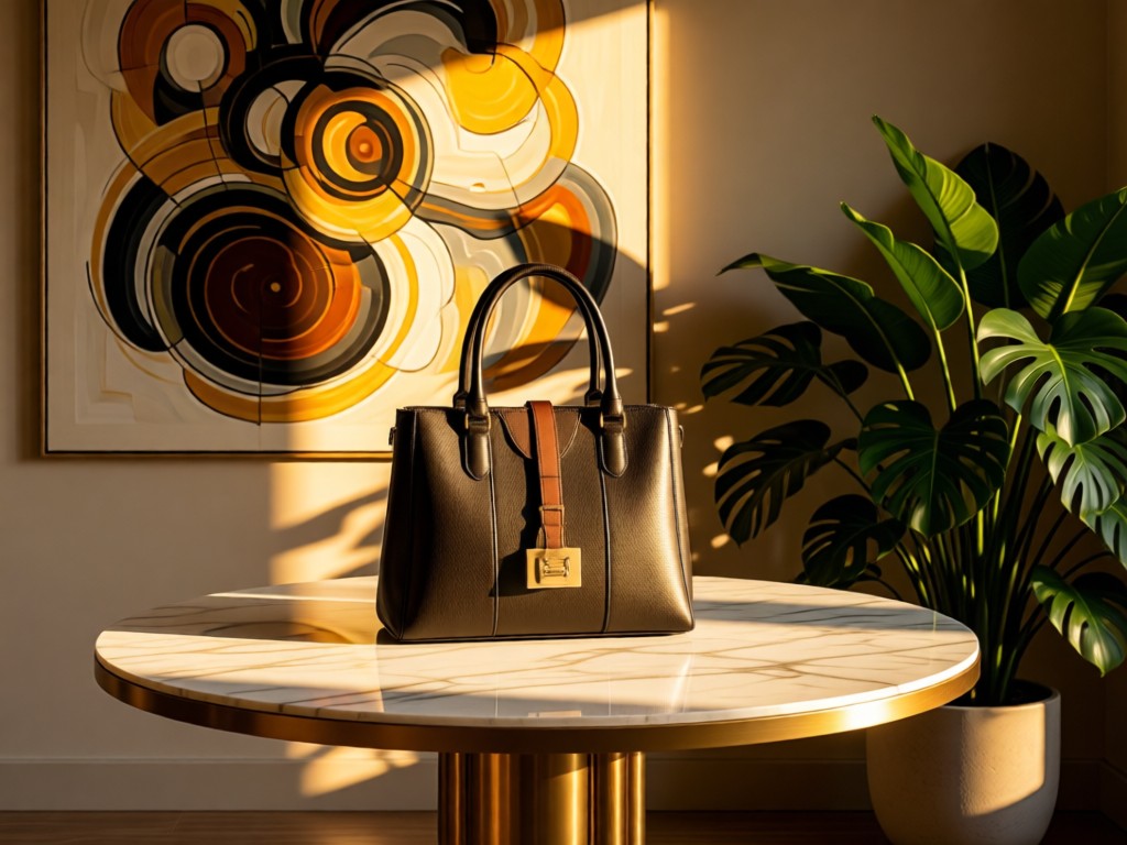 A single designer handbag on a marble entryway table bathed in golden hour light. Behind it, an abstract art piece and greenery symbolize curated style. No people.