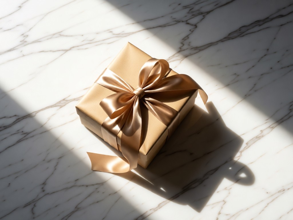 An aerial view of a single, perfectly wrapped gift box centered on a clean marble surface. Soft directional lighting creates elegant shadows, symbolizing focus and presentation. No people.