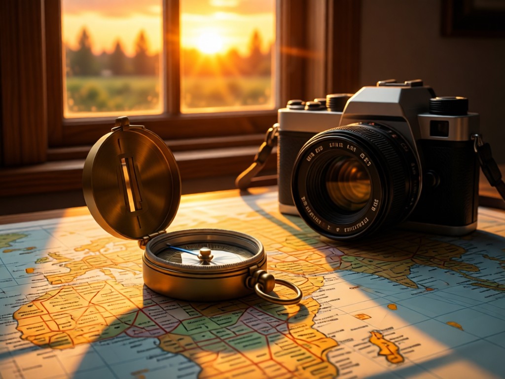 A compass resting on a map beside a camera, bathed in warm sunset light through a window. Symbolizes being found. No people.
