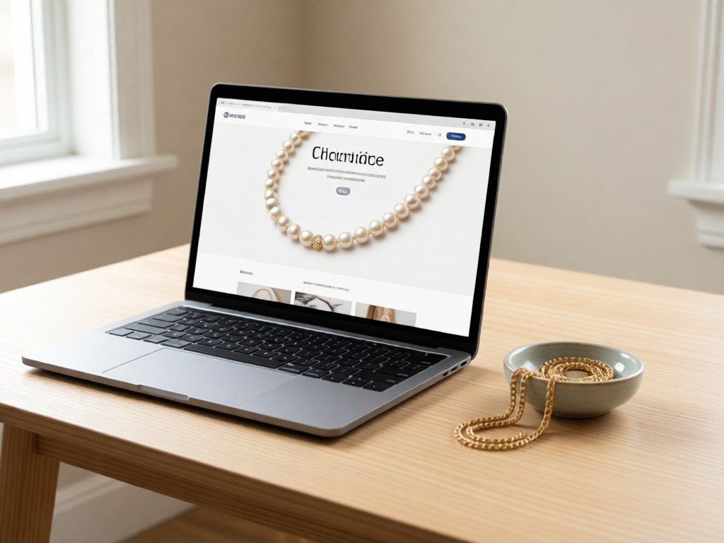 A minimalist desk with an open laptop showing a clean product page for a pearl necklace. Next to it, a coiled gold chain spills from a small ceramic dish. Soft natural lighting. No people.