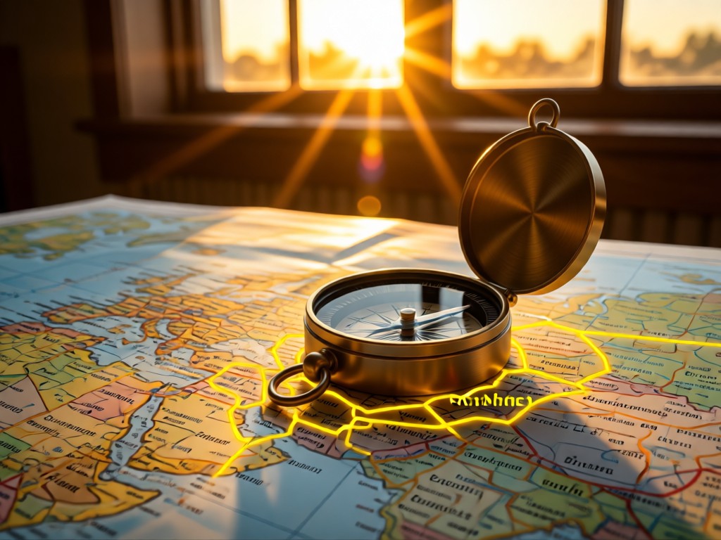A compass resting on a map with highlighted nonprofit districts. Golden hour backlight creates lens flare through a window. Symbolizes discovery and precision. No people.