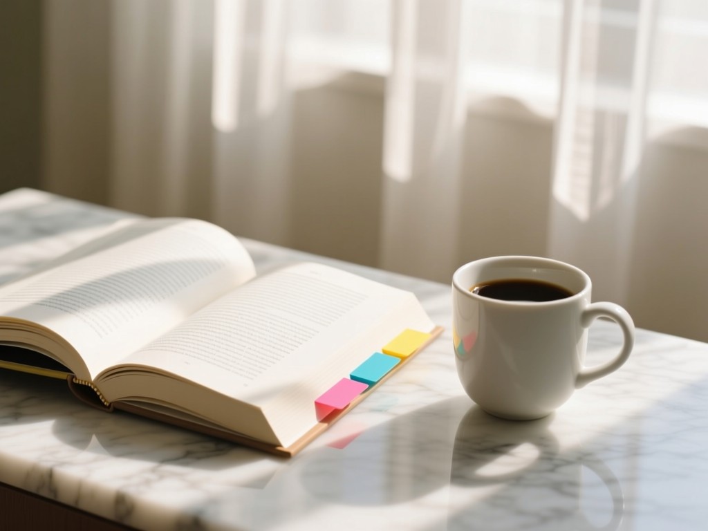 An open textbook with colorful tabs next to a minimalist coffee cup on a marble surface. Soft focus background shows sunlight through sheer curtains. Clean and organized aesthetic. No people.