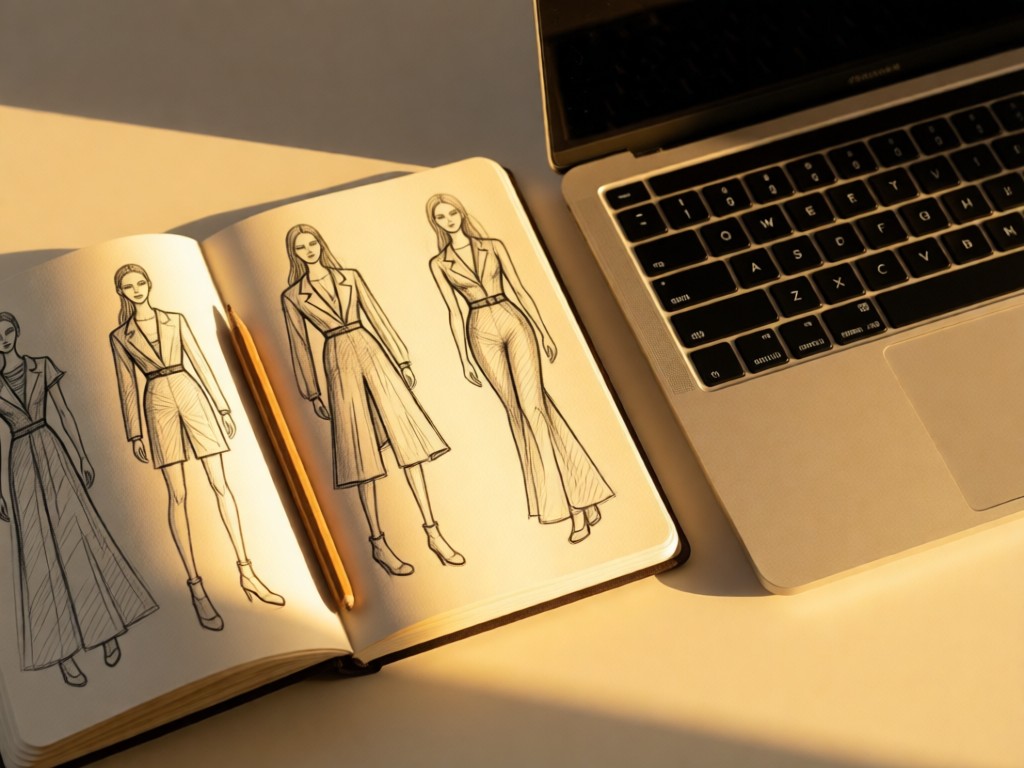 An open notebook with hand-drawn fashion sketches beside a minimalist laptop. Golden hour light illuminates pencil textures and keyboard details. Artistic process meets digital presentation. No people.