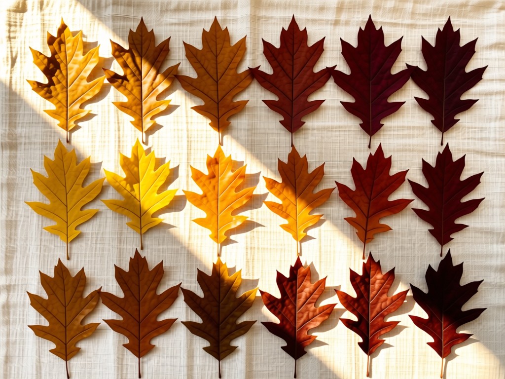 Aerial view of autumn oak leaves arranged in a gradient from amber to mahogany on cream linen. Natural sunlight creates warm pools of light. Symbolizes curated earth tones. No people.