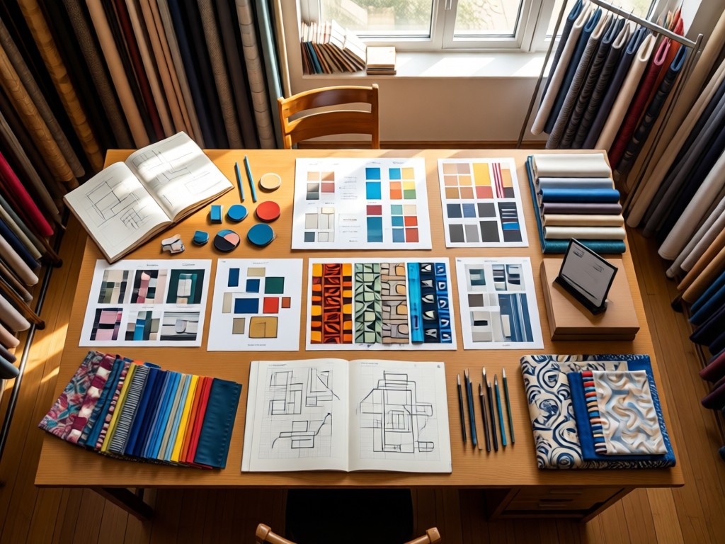 An overhead shot of a textile designer's workspace showing progressive fabric samples from concept to final product. Natural light illuminates the evolution of materials. No people.