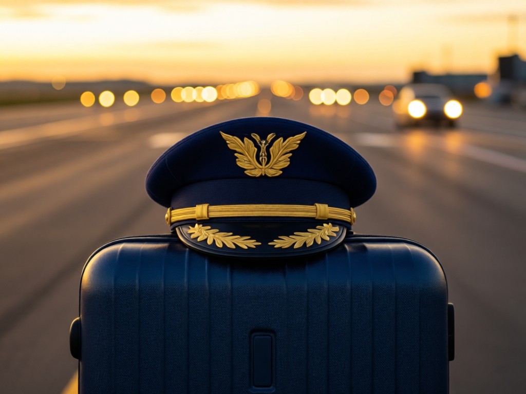 An elegant crew hat positioned perfectly center on a navy blue suitcase under golden hour light. The scene symbolizes professionalism and readiness for travel. Distant runway lights blurred in background. No people.