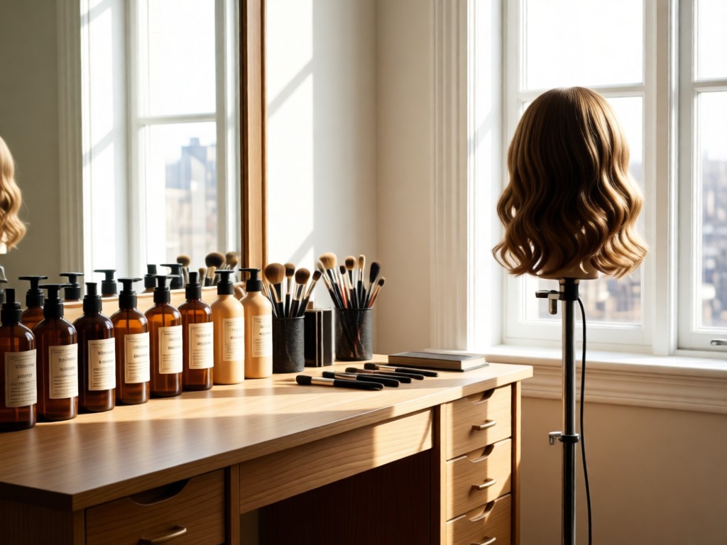 A neatly organized styling station with labeled bottles, brushes, and a single wig stand. Sunlight streams through nearby windows creating clean lines. No people.