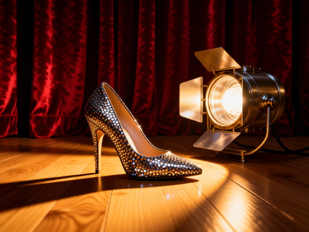A sequined stiletto heel beside a vintage stage light on a wooden floor. Warm light creates long, dramatic shadows. Backdrop shows deep red velvet curtains. No people.