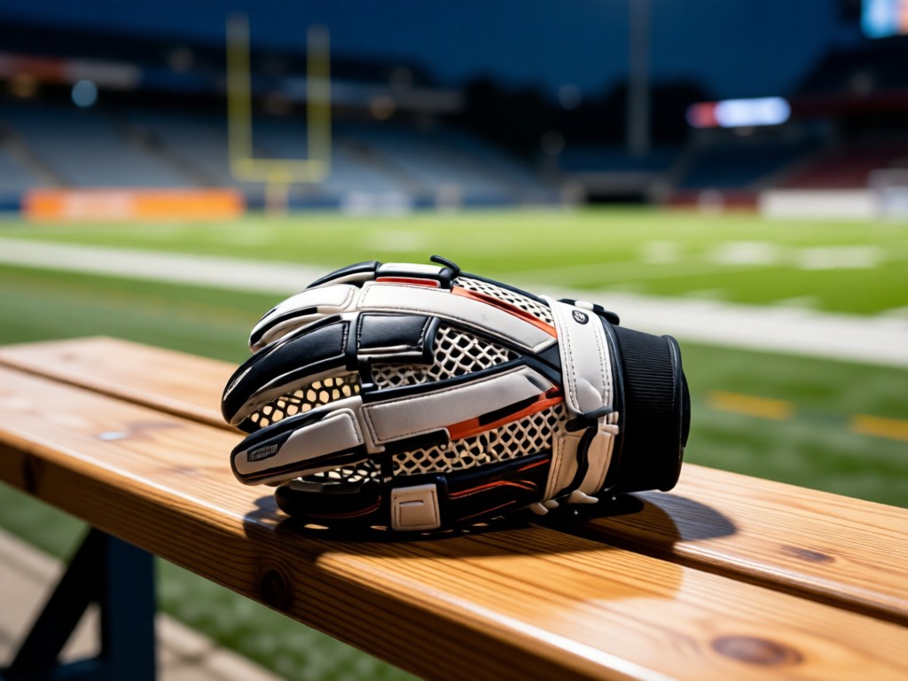 A single lacrosse glove resting on a wooden bench in stadium light. Focus on texture and simplicity. Blurred field background conveys athletic environment. No people.