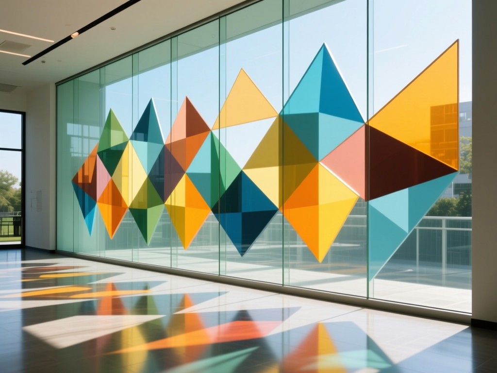 A clean glass wall displaying abstract geometric shapes representing community connections. Sunlight creates vibrant reflections on the floor. No people.