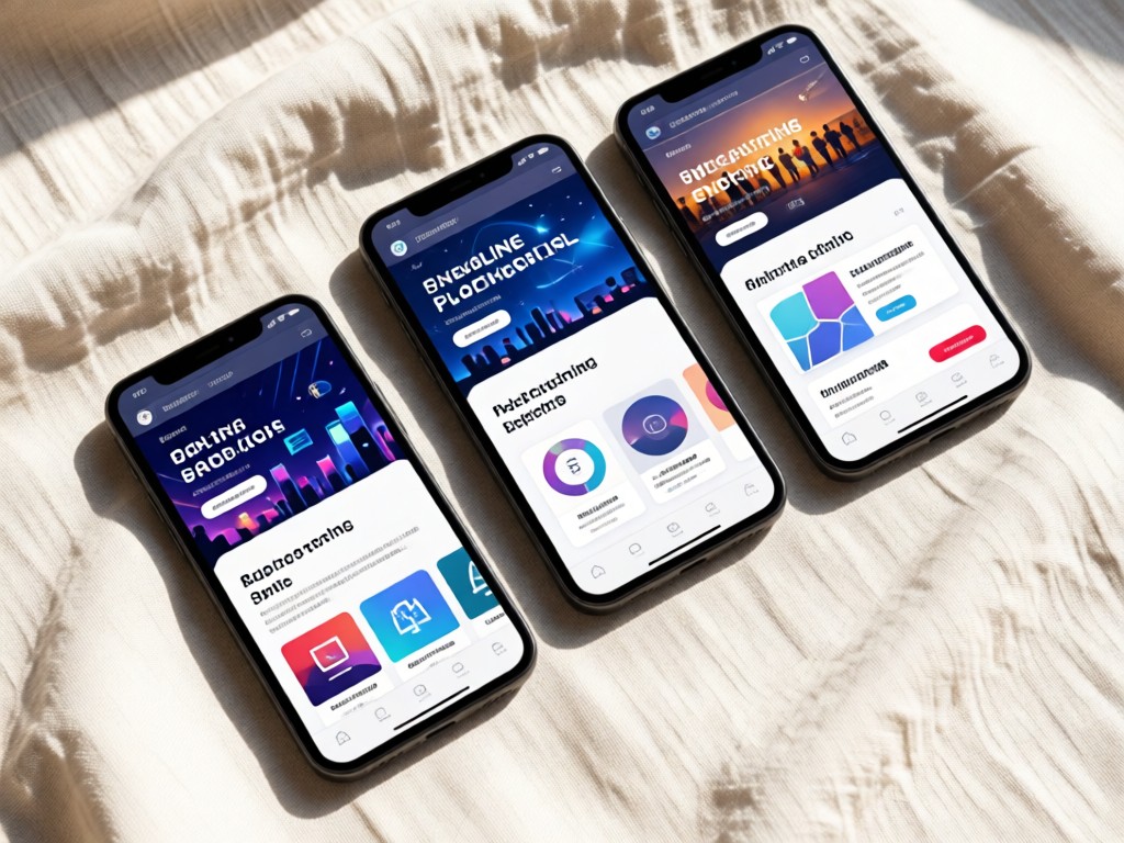 Three angled smartphones displaying different event planning portfolio layouts on a linen cloth. Natural light highlights the screen designs. No hands visible.