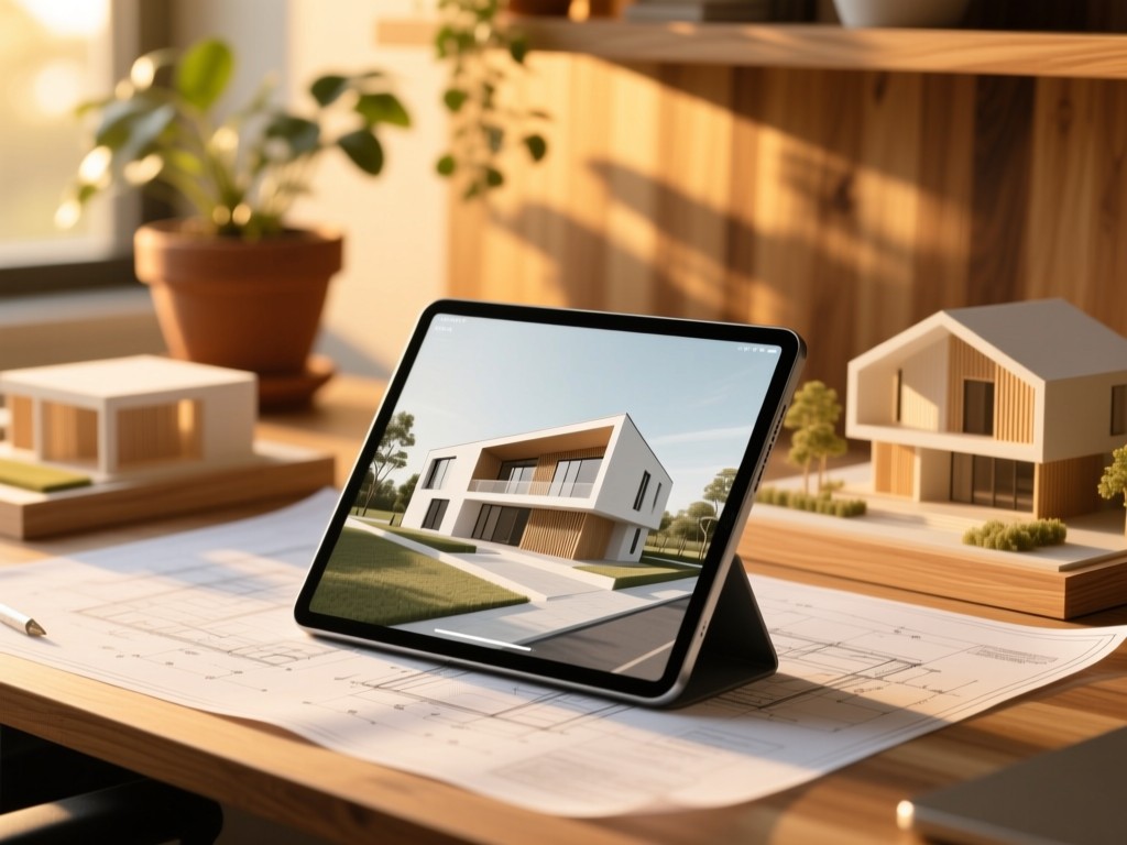 A sleek tablet displaying exterior design renderings on a blueprint-covered desk at golden hour, warm sunlight highlighting architectural models, soft focus on potted plants in background, natural wood textures, no people.